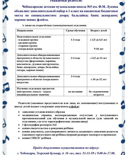 Чебоксарская детская музыкальная школа №5 им. Ф.М. Лукина объявляет дополнительный набор в 1 класс.